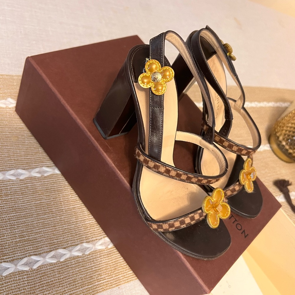 Louis Vuitton Floral Damier Ebene Calf Hair & Leather Heels - Picture 7 of 17